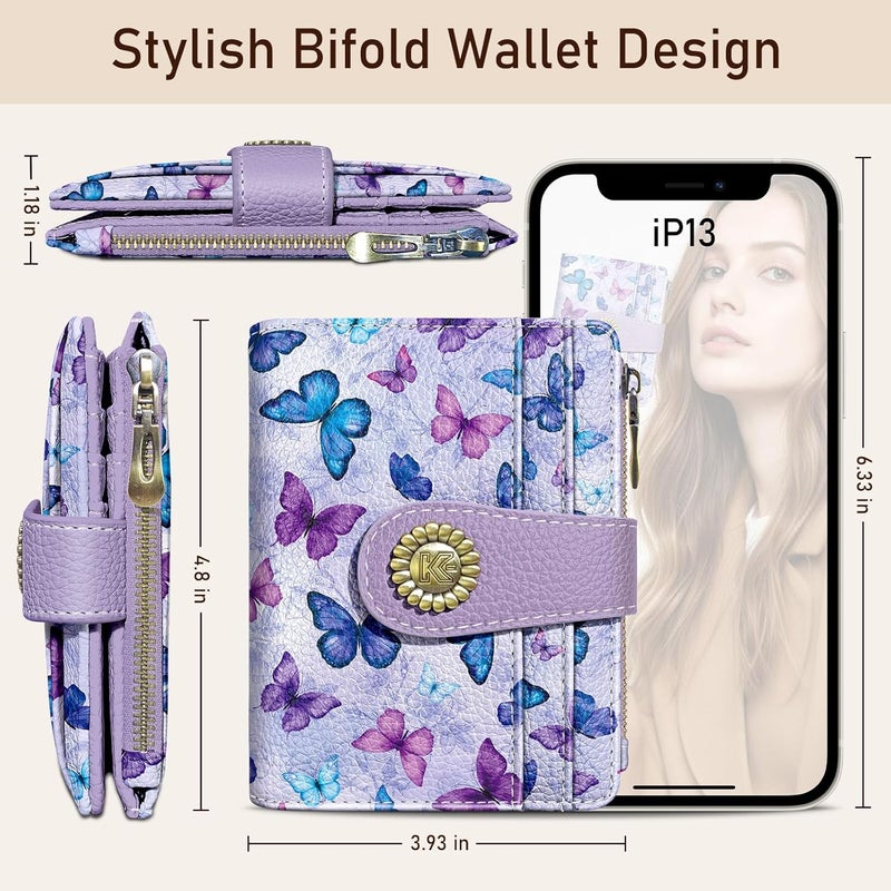 Kelvoris Small Rfid Butterfly Women Wallet Bifold Zipper Coin Pocket PU Leather Compact Cash Credit Card Holder Travel Wallet for Female Ladies Teen Girls 1 ID Window 10 Card Slots - Image 5